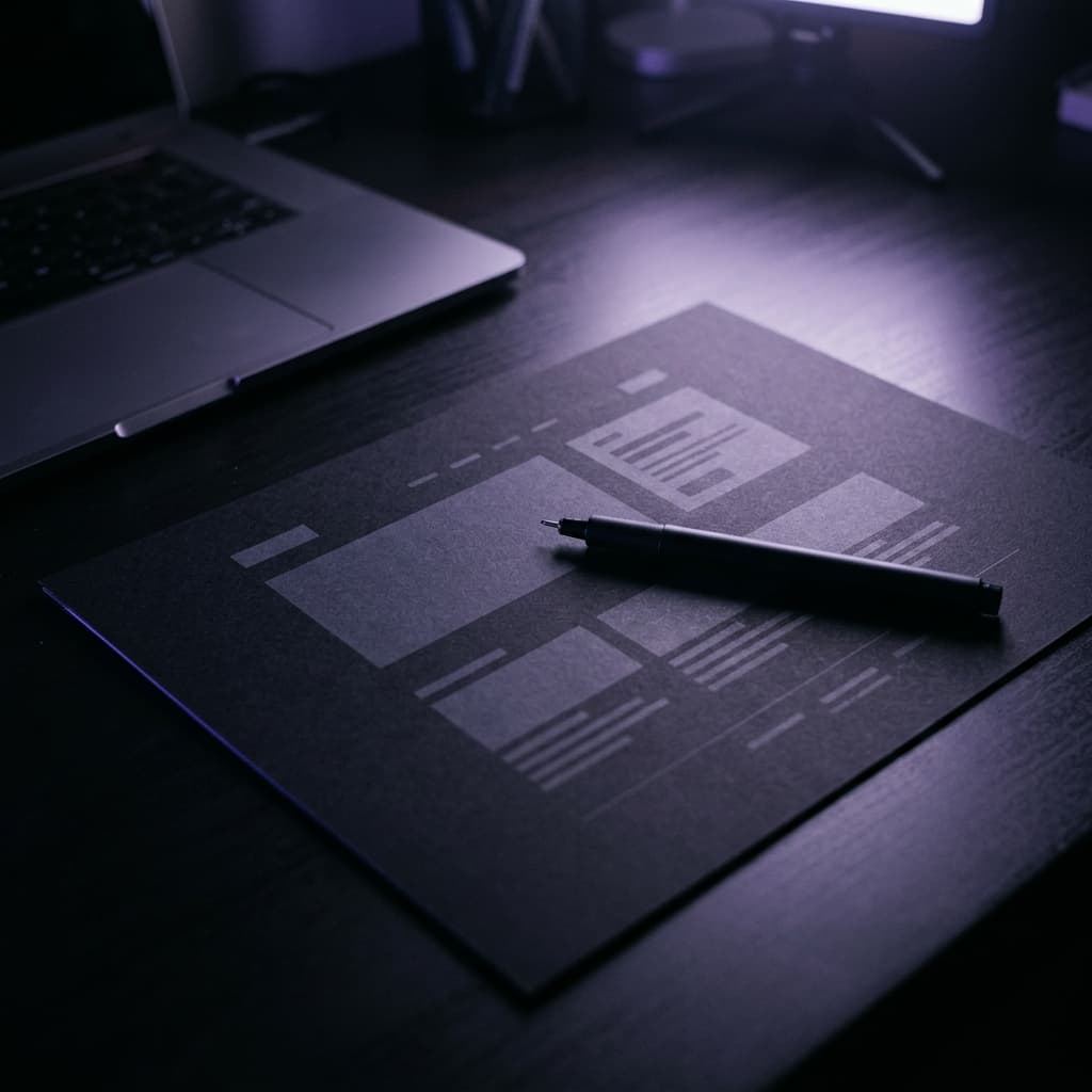 Strony internetowe — szkic layoutu www na ciemnym biurku