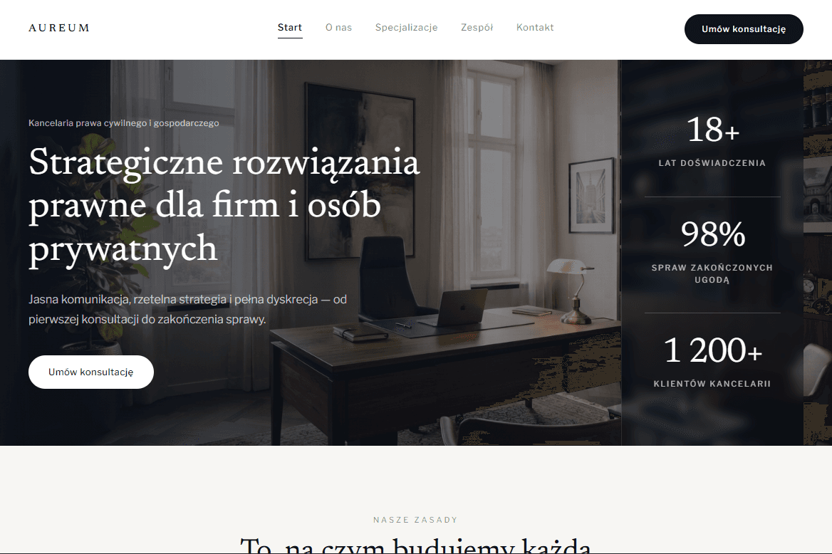 Profesjonalna strona internetowa dla kancelarii prawnej z SEO i systemem zarządzania sprawami - Sorien